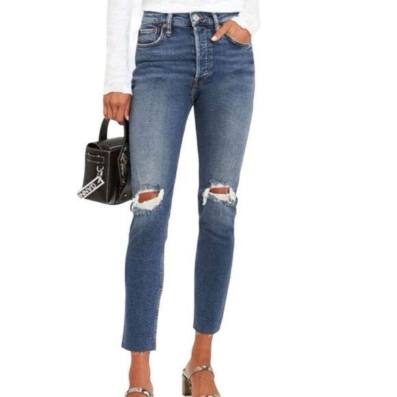 Re/Done Hi-Rise Ankle Crop Jeans in Dusty Destroy Size 28 - Picture 1 of 11